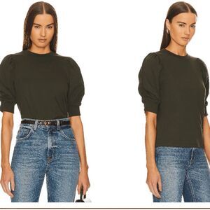 NWT FRAME Frankie Ruched Puff Sleeve Top Crewneck in Fatigue Green Size Small